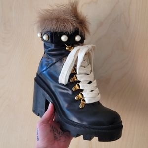 Gucci Black Leather Trip Heeled Fur Pearl Boots  | size 36 | 6 US